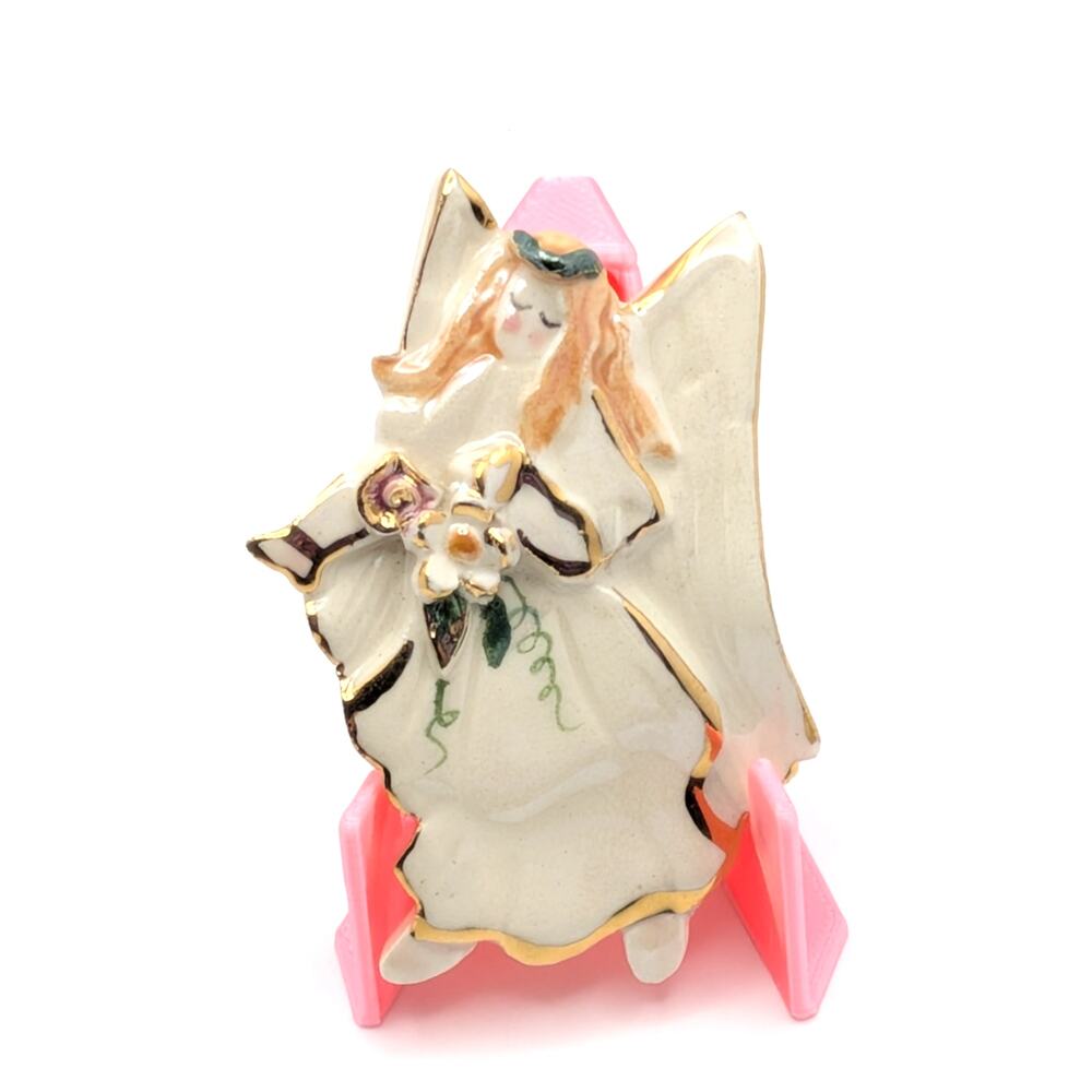 Angel Brooch Women Cream Ceramic Hand Painted Floral Gold Tone Pin Vintage READ